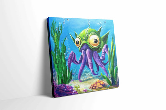 Original oil painting – Curious underwater creatures-OctoLander 20 cm x 20 cm