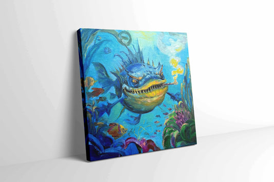 Original oil painting – Curious underwater creatures-- Smoky Boss 20 x 20 cm