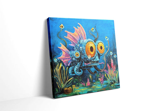 Original oil painting – Curious underwater creatures -- MechaEye 20 x 20 cm