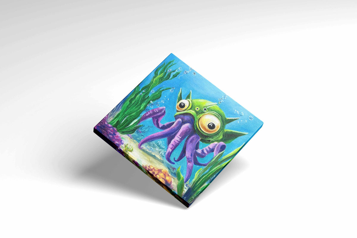 Original oil painting – Curious underwater creatures-OctoLander 20 cm x 20 cm