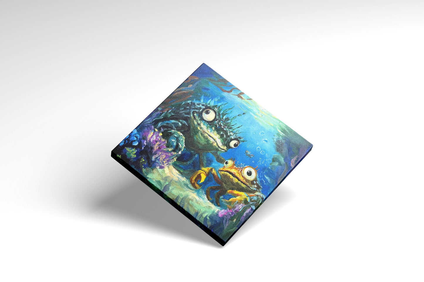 Original oil painting – Curious underwater creatures--The Odd Duo  20 x 20 cm