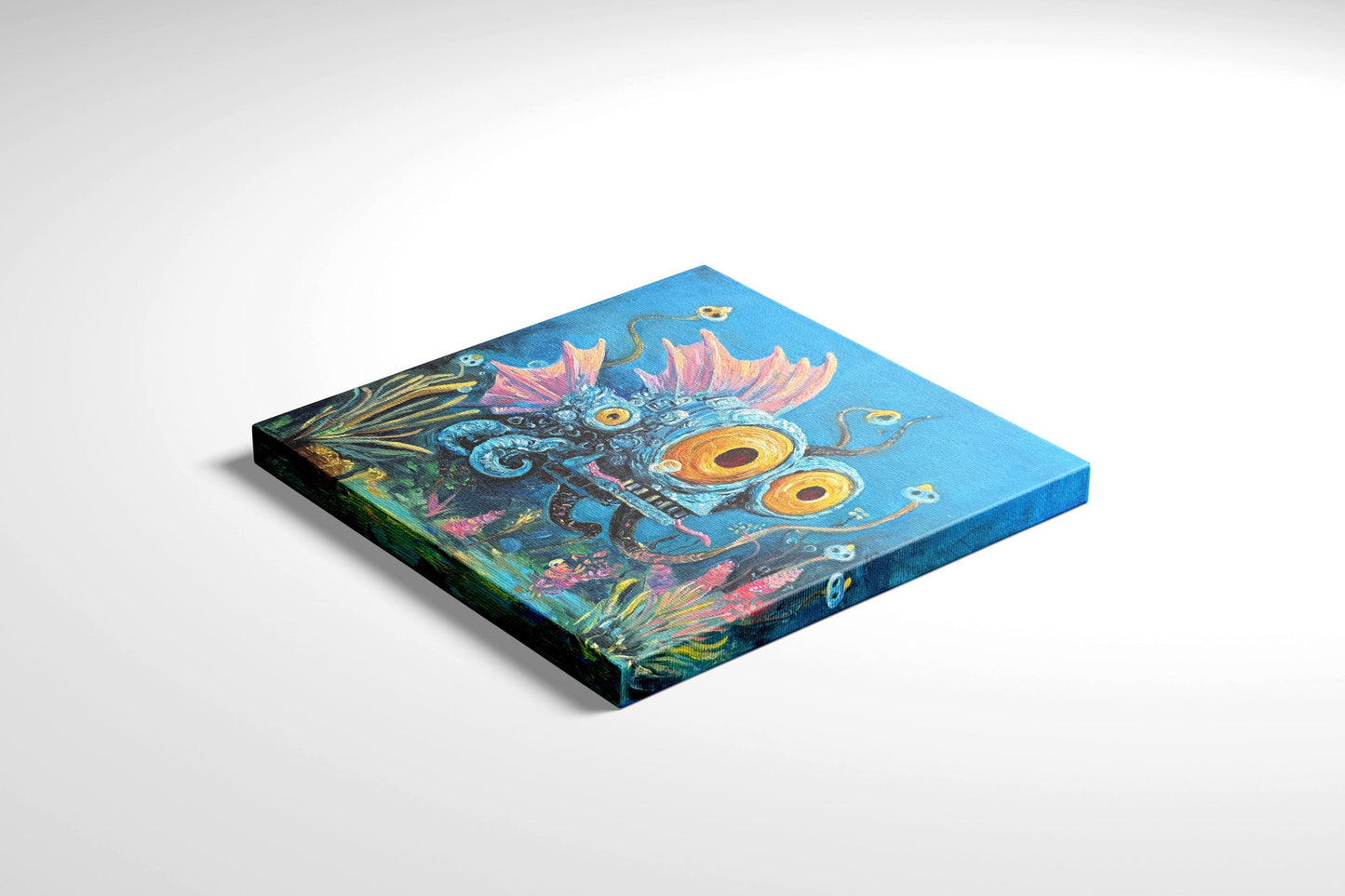 Original oil painting – Curious underwater creatures -- MechaEye 20 x 20 cm