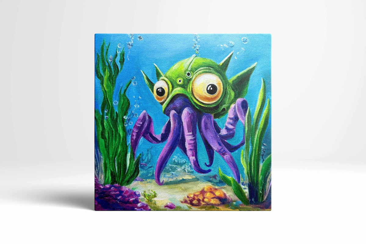 Original oil painting – Curious underwater creatures-OctoLander 20 cm x 20 cm