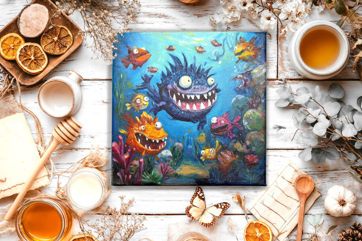 Original oil painting – Curious Underwater Creature—Giggle in the Deep 20 cm*20 cm