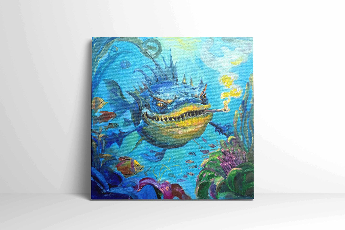 Original oil painting – Curious underwater creatures-- Smoky Boss 20 x 20 cm