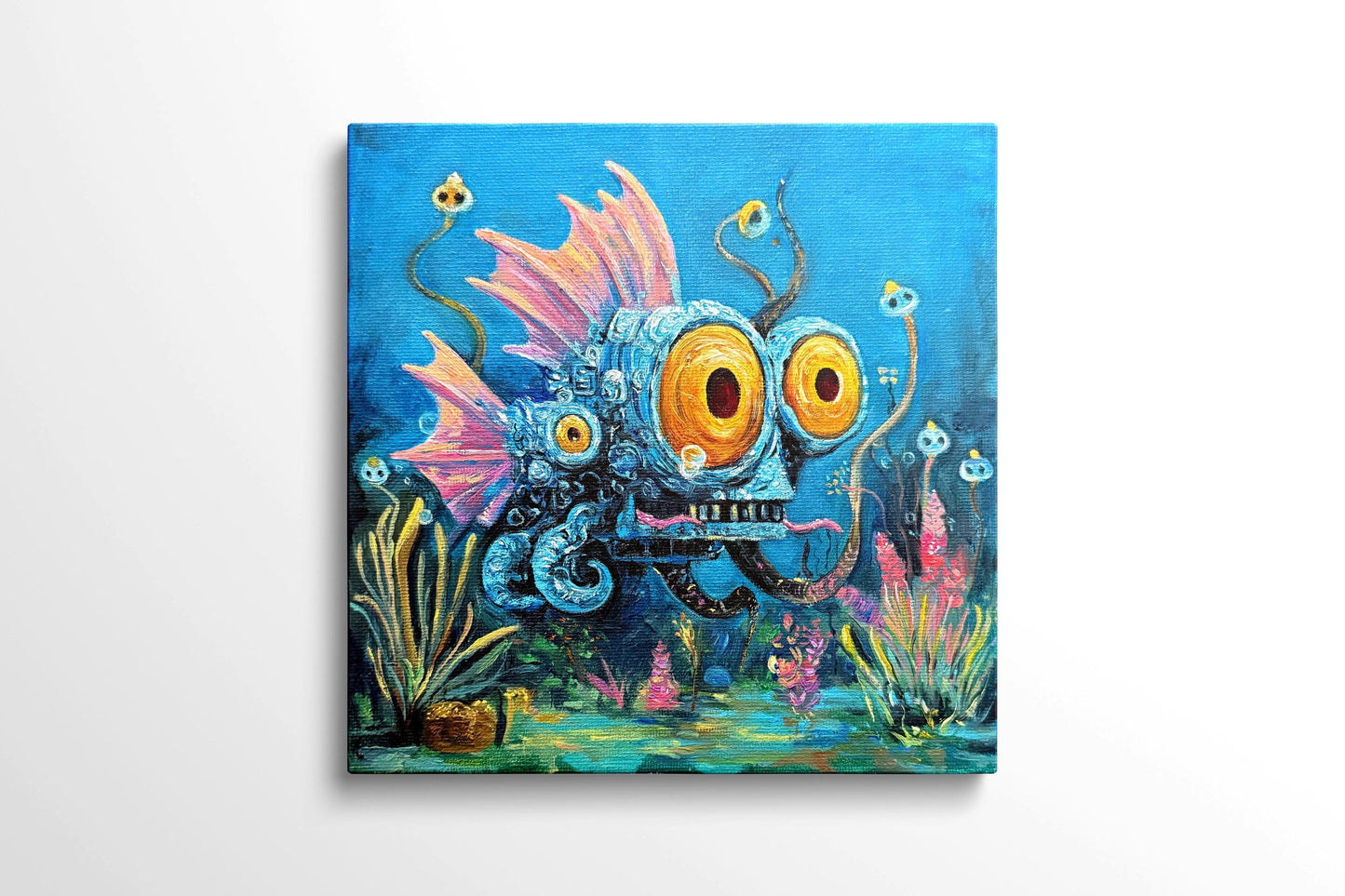 Original oil painting – Curious underwater creatures -- MechaEye 20 x 20 cm