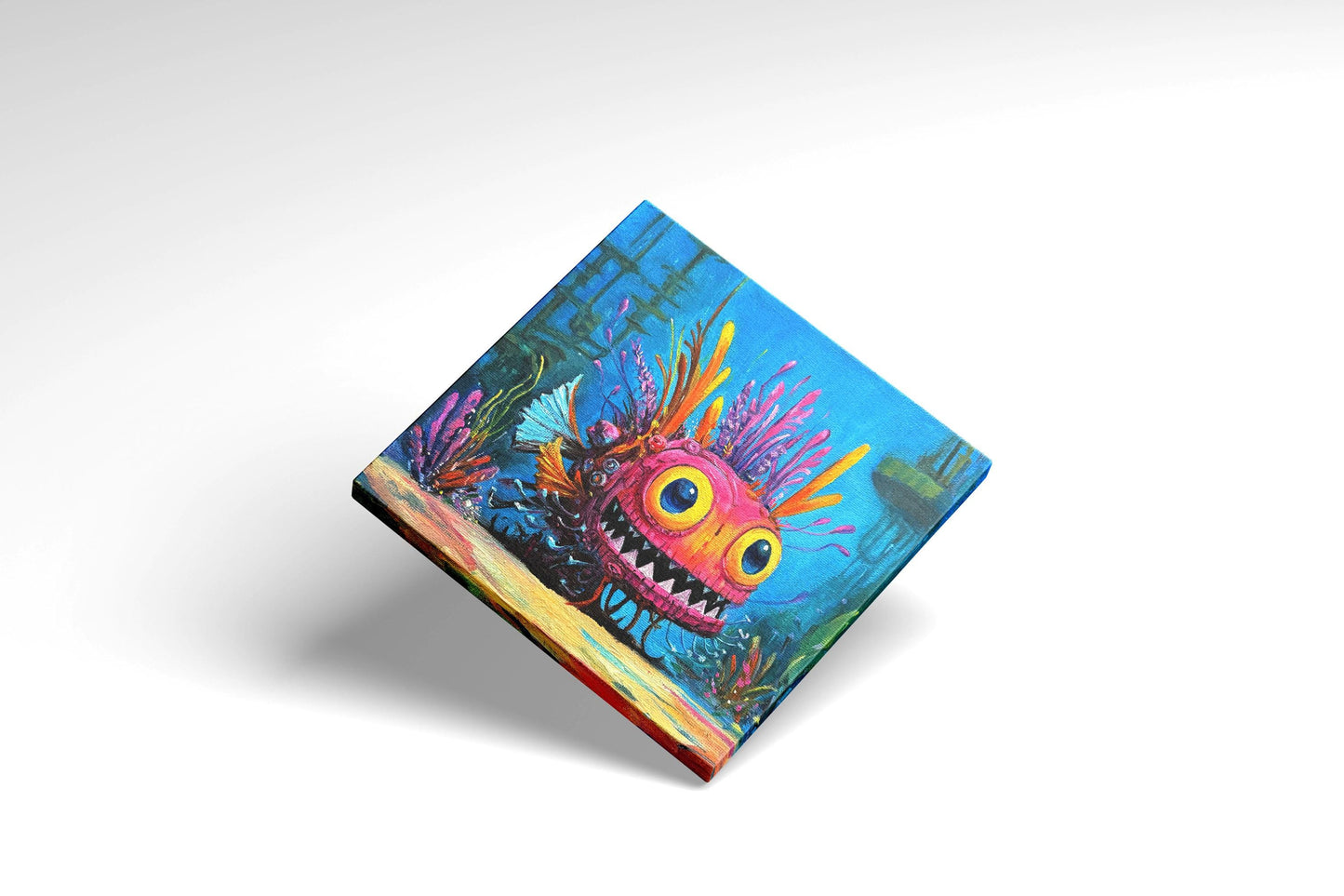 Original oil painting – Curious underwater creatures – Pinky Glow 20 cm*20 cm