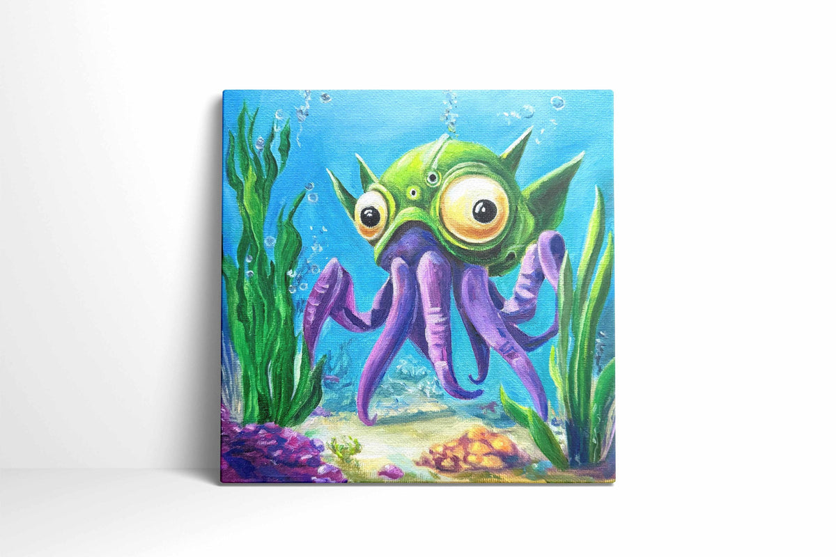 Original oil painting – Curious underwater creatures-OctoLander 20 cm x 20 cm