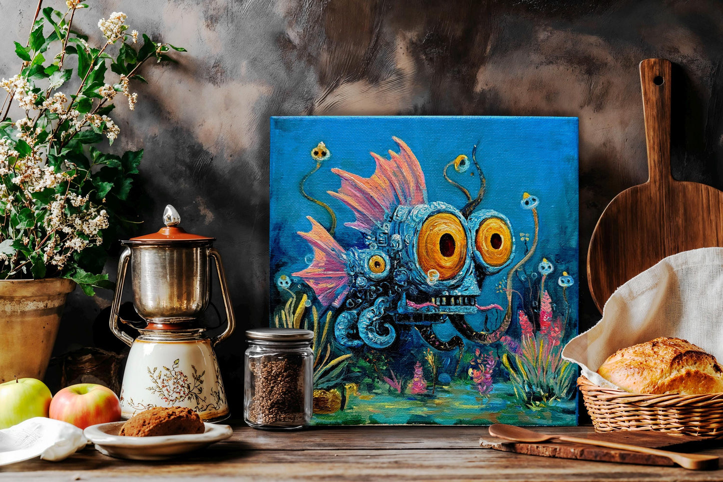 Original oil painting – Curious underwater creatures -- MechaEye 20 x 20 cm