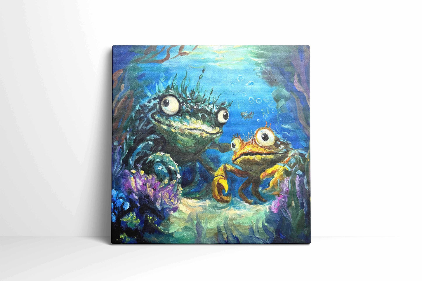Original oil painting – Curious underwater creatures--The Odd Duo  20 x 20 cm