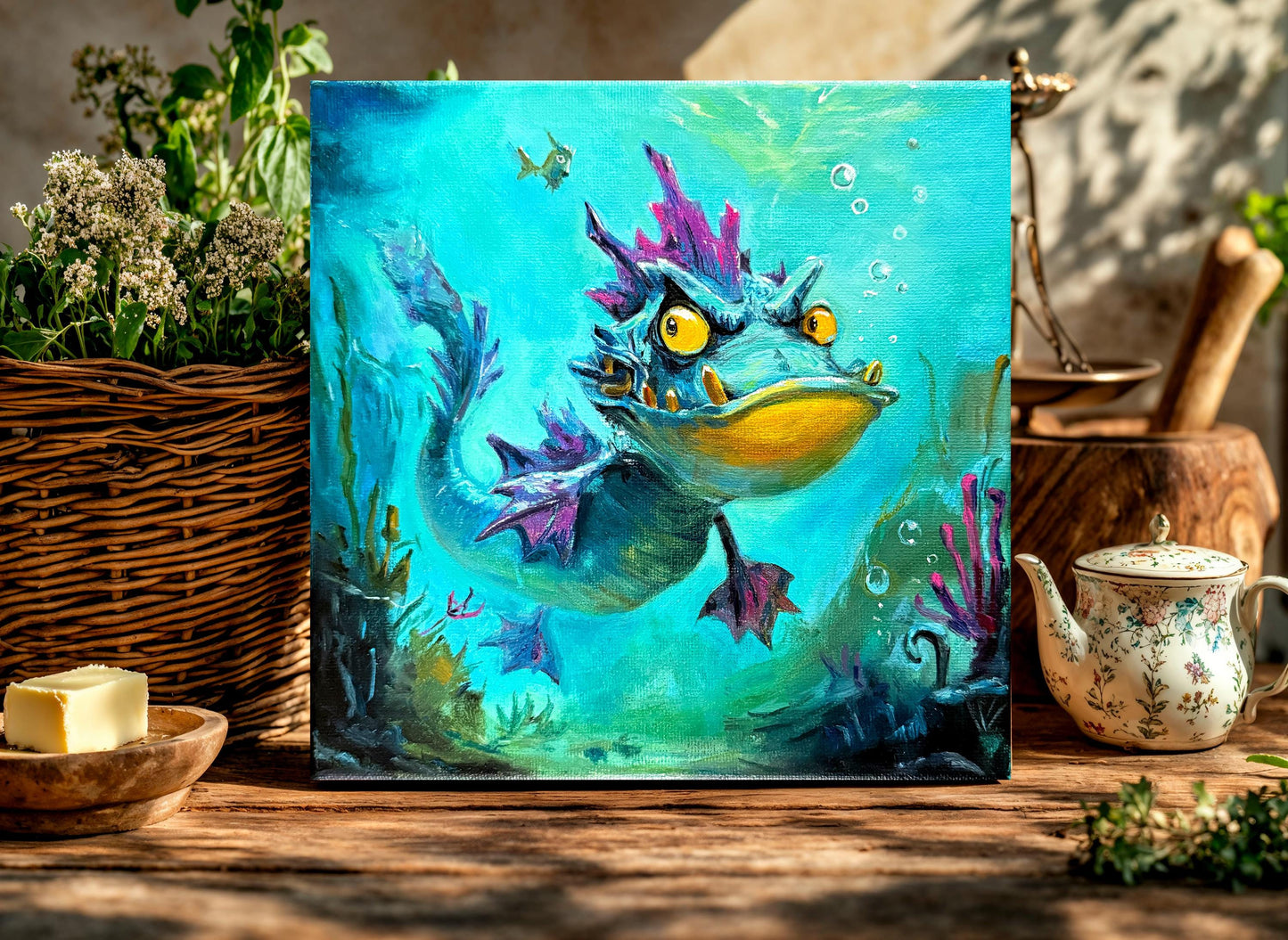 Original oil painting – Curious underwater creatures– Lavender Fin 20 cm*20 cm