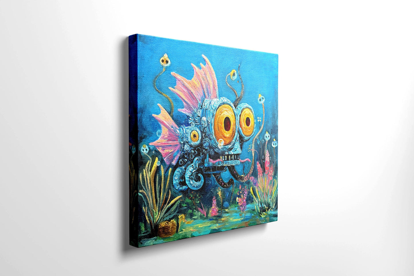 Original oil painting – Curious underwater creatures -- MechaEye 20 x 20 cm
