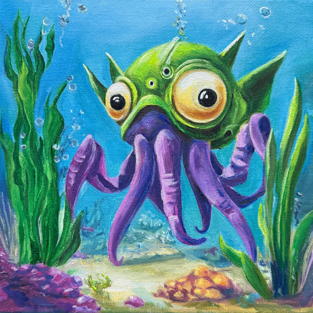 Original oil painting – Curious underwater creatures-OctoLander 20 cm x 20 cm