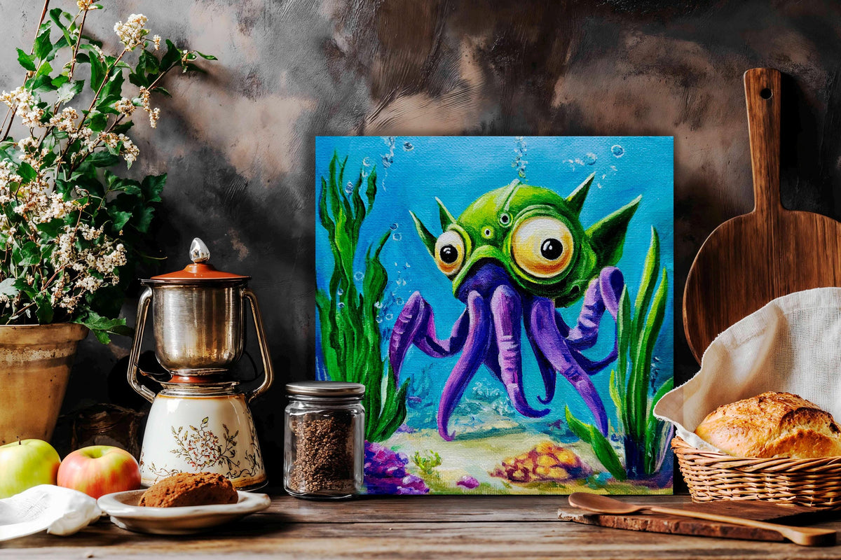 Original oil painting – Curious underwater creatures-OctoLander 20 cm x 20 cm