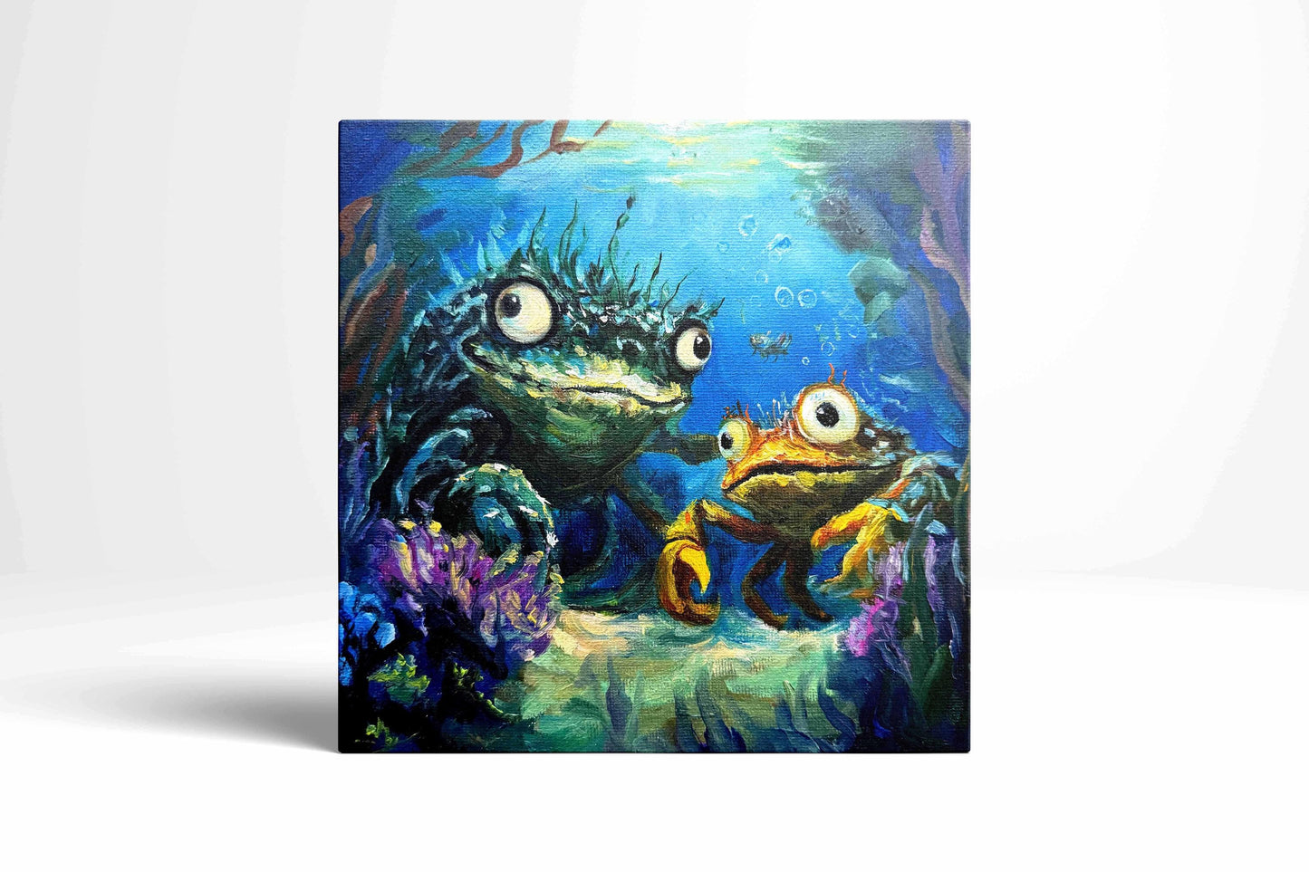 Original oil painting – Curious underwater creatures--The Odd Duo  20 x 20 cm