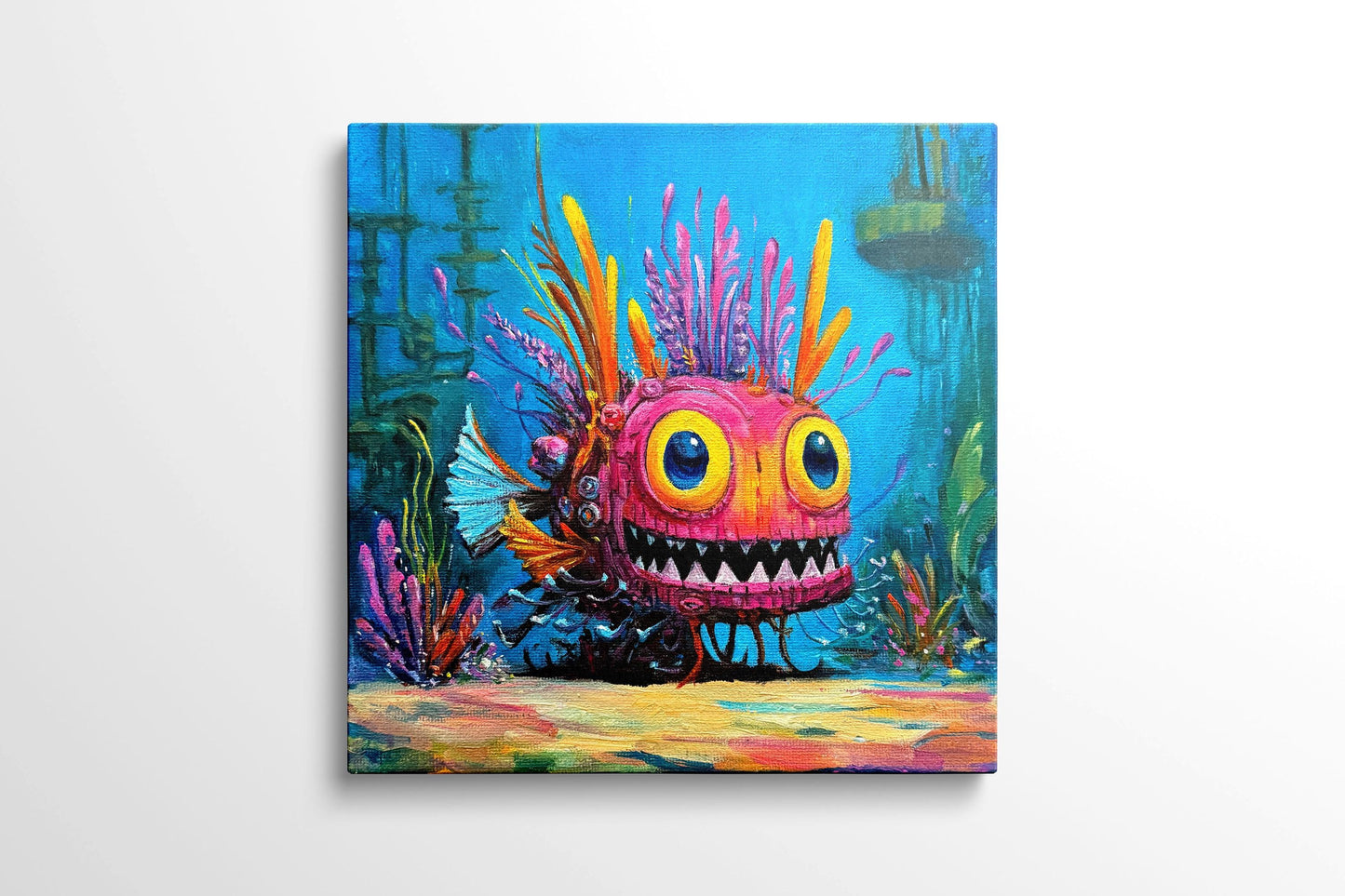 Original oil painting – Curious underwater creatures – Pinky Glow 20 cm*20 cm