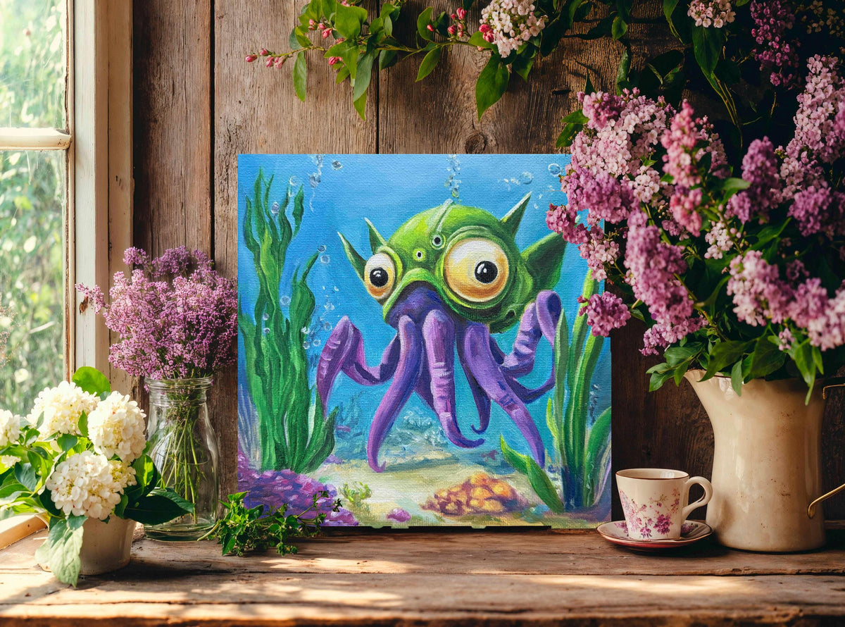 Original oil painting – Curious underwater creatures-OctoLander 20 cm x 20 cm