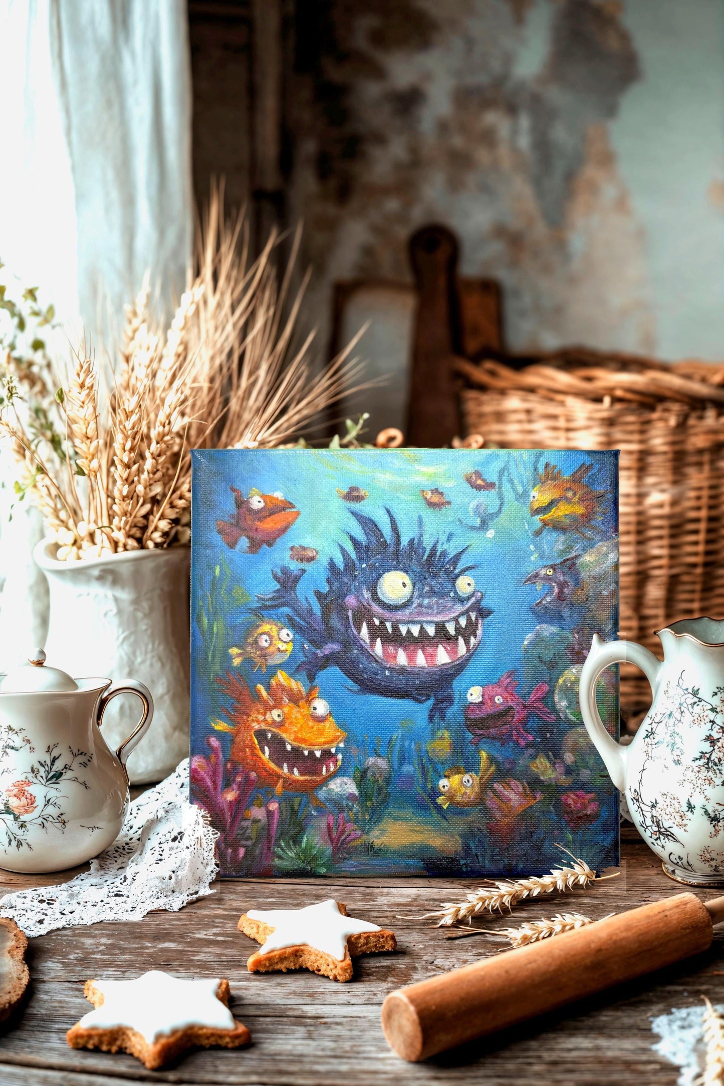 Original oil painting – Curious Underwater Creature—Giggle in the Deep 20 cm*20 cm
