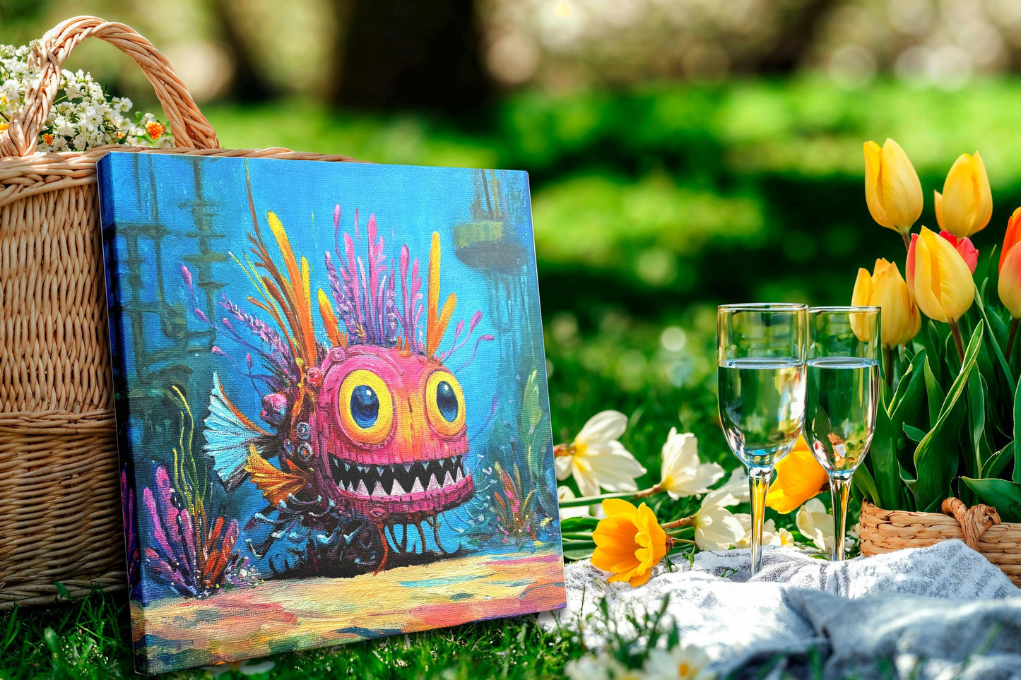 Original oil painting – Curious underwater creatures – Pinky Glow 20 cm*20 cm