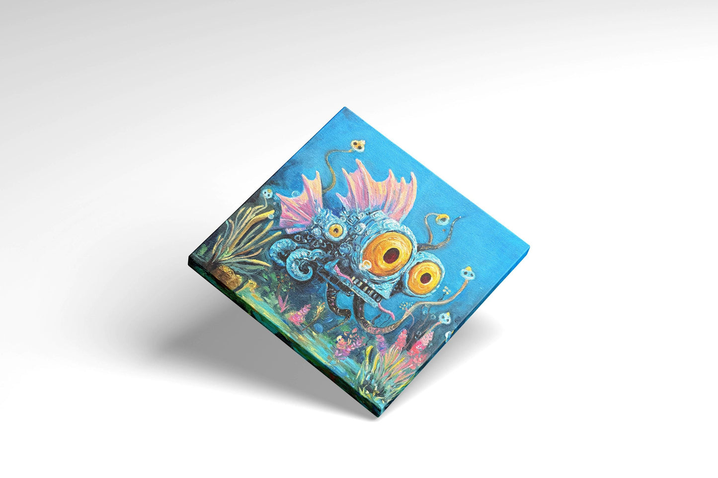 Original oil painting – Curious underwater creatures -- MechaEye 20 x 20 cm
