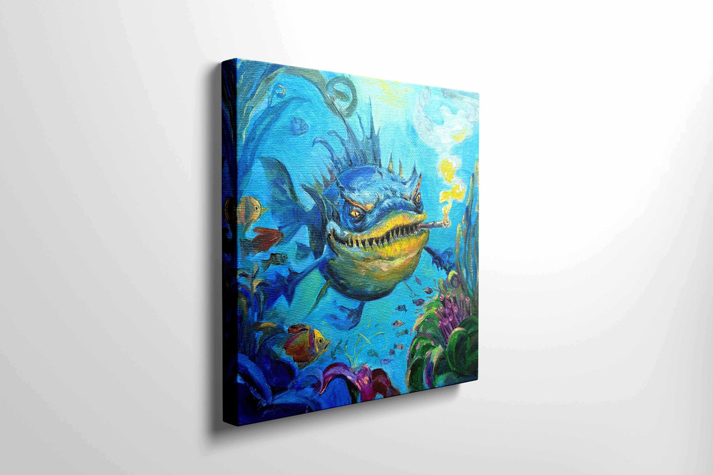 Original oil painting – Curious underwater creatures-- Smoky Boss 20 x 20 cm