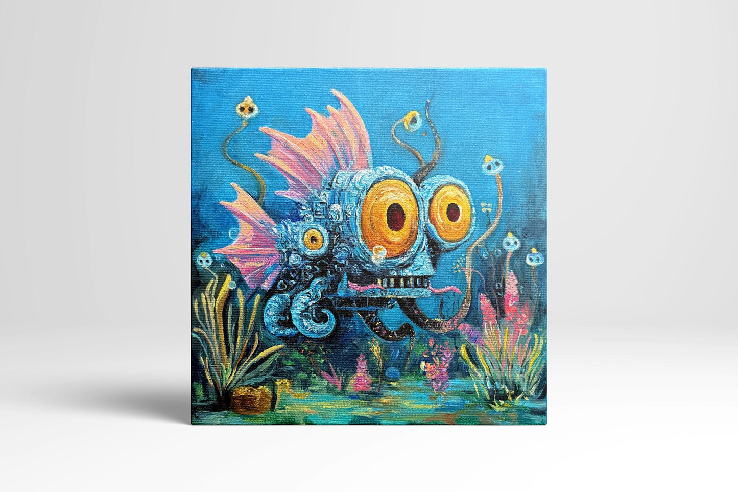 Original oil painting – Curious underwater creatures -- MechaEye 20 x 20 cm