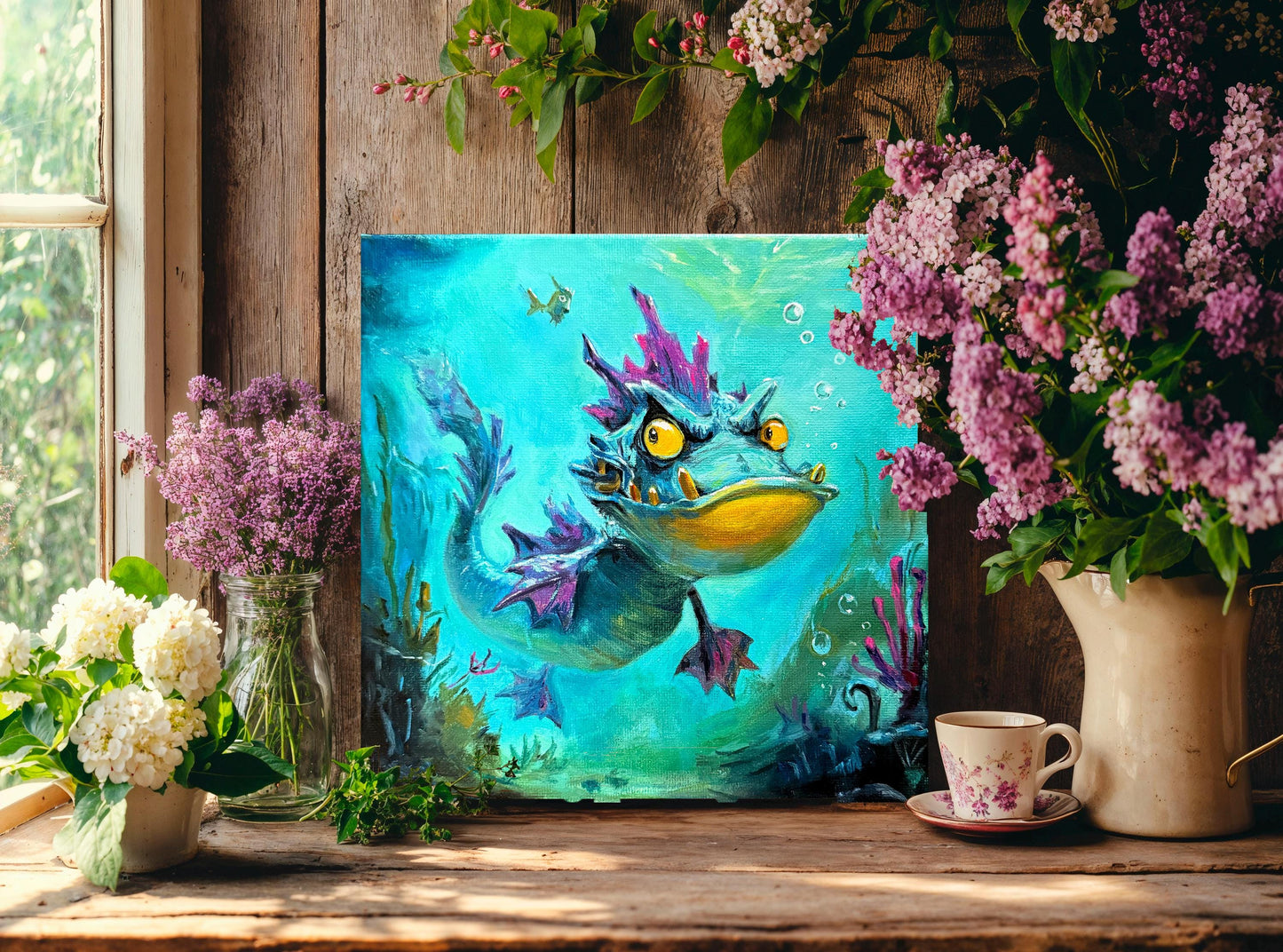 Original oil painting – Curious underwater creatures– Lavender Fin 20 cm*20 cm