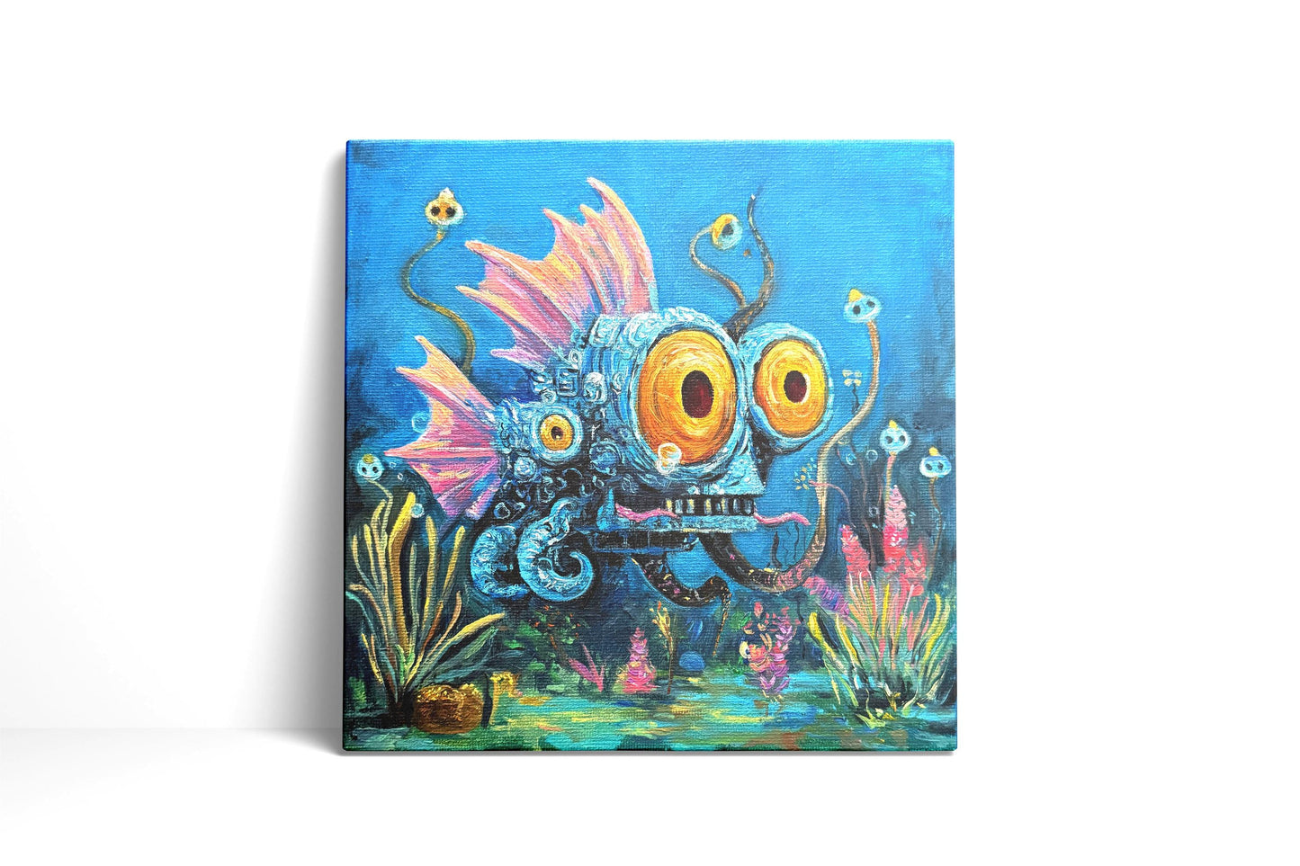 Original oil painting – Curious underwater creatures -- MechaEye 20 x 20 cm