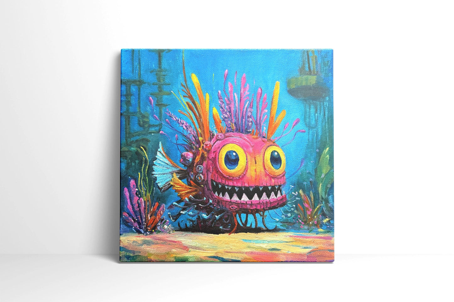Original oil painting – Curious underwater creatures – Pinky Glow 20 cm*20 cm