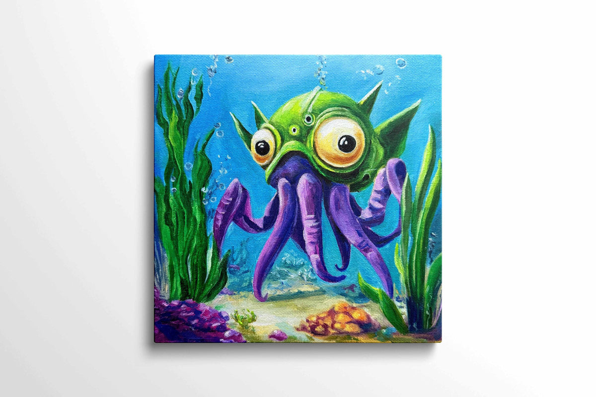 Original oil painting – Curious underwater creatures-OctoLander 20 cm x 20 cm