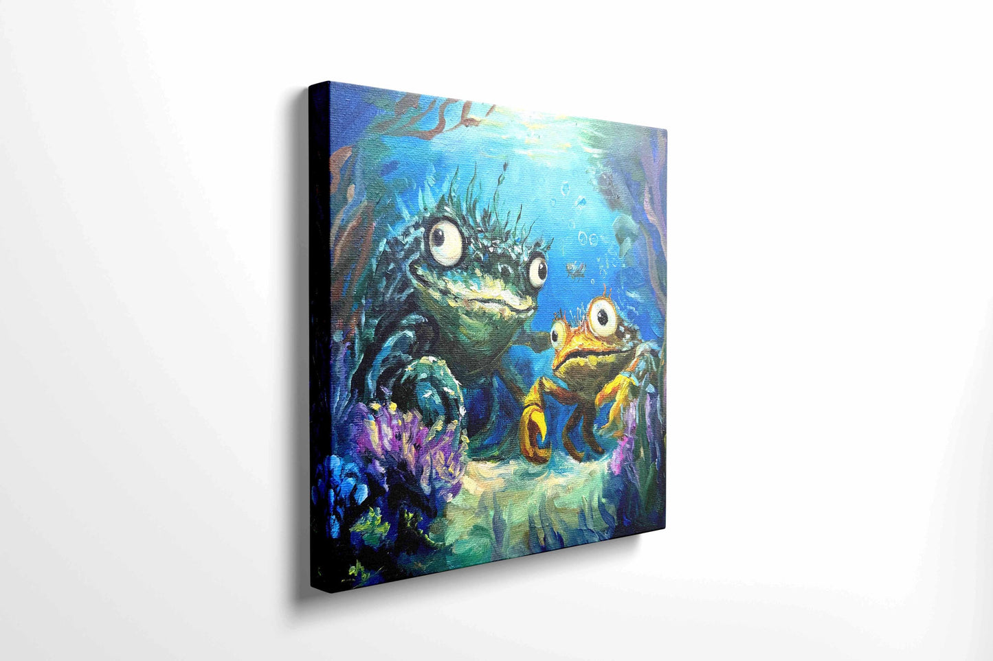Original oil painting – Curious underwater creatures--The Odd Duo  20 x 20 cm