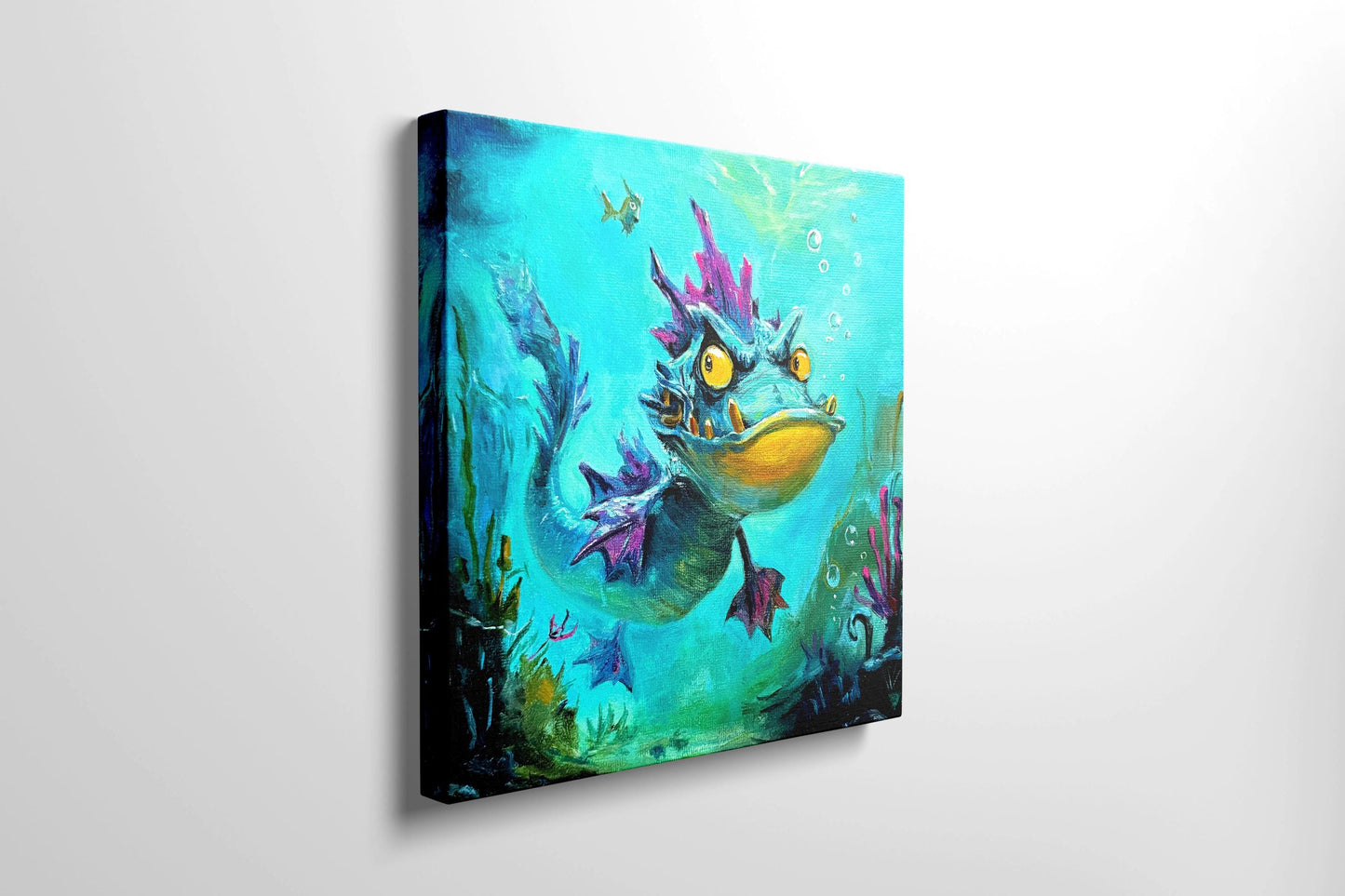 Original oil painting – Curious underwater creatures– Lavender Fin 20 cm*20 cm