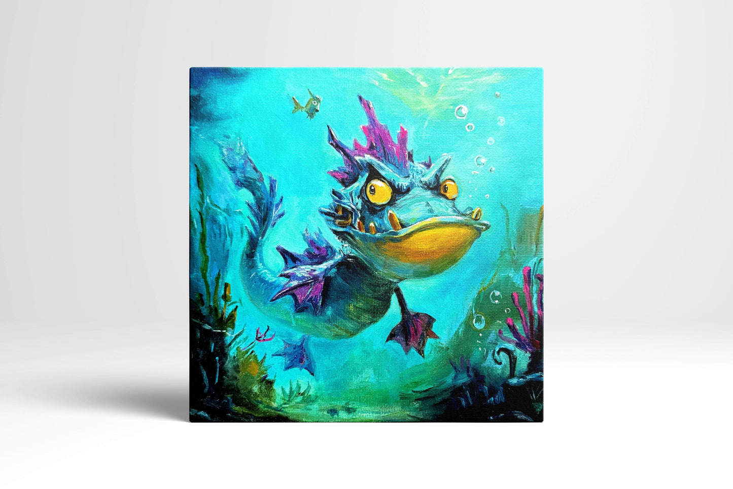 Original oil painting – Curious underwater creatures– Lavender Fin 20 cm*20 cm