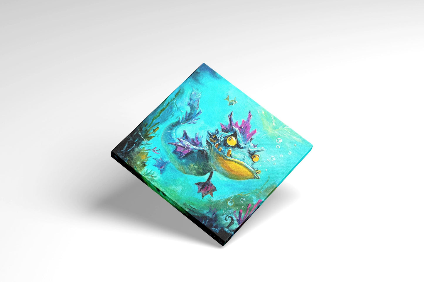Original oil painting – Curious underwater creatures– Lavender Fin 20 cm*20 cm