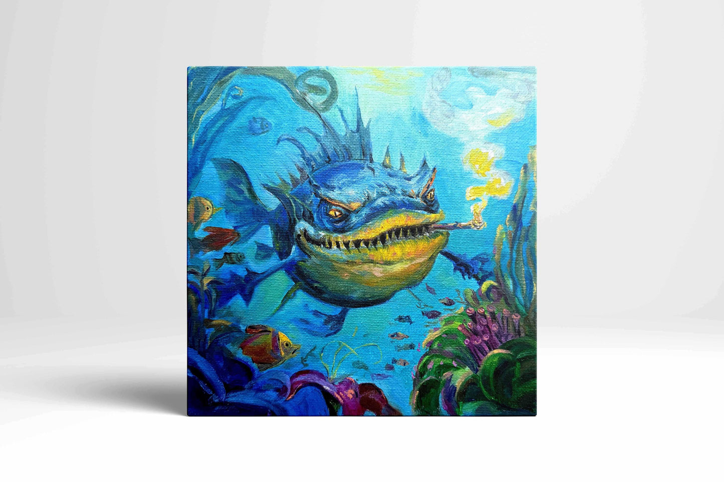Original oil painting – Curious underwater creatures-- Smoky Boss 20 x 20 cm