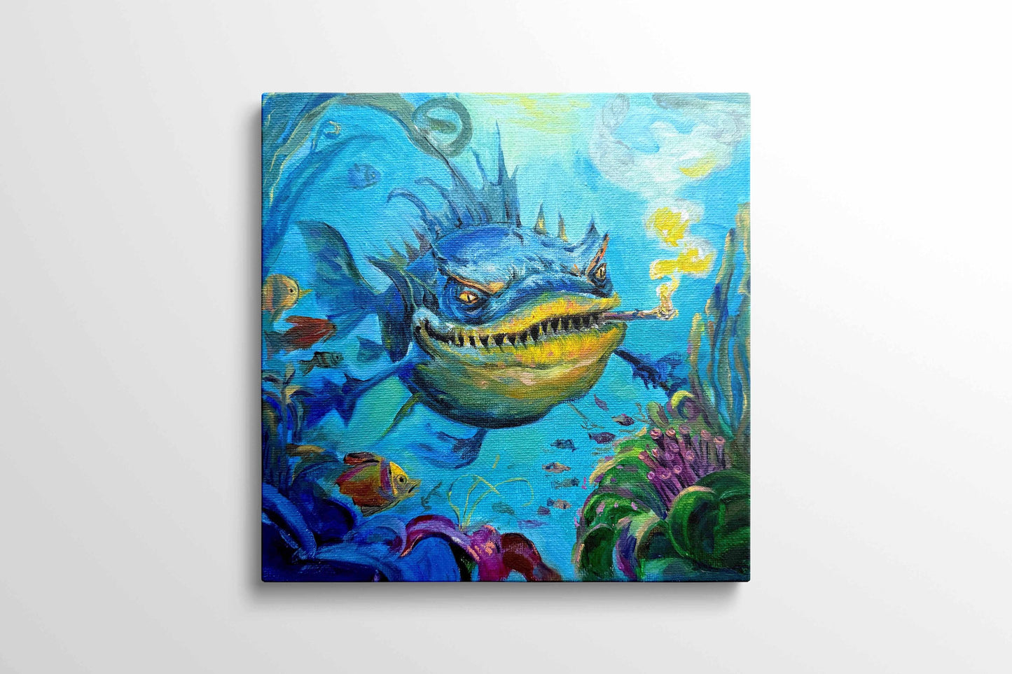 Original oil painting – Curious underwater creatures-- Smoky Boss 20 x 20 cm
