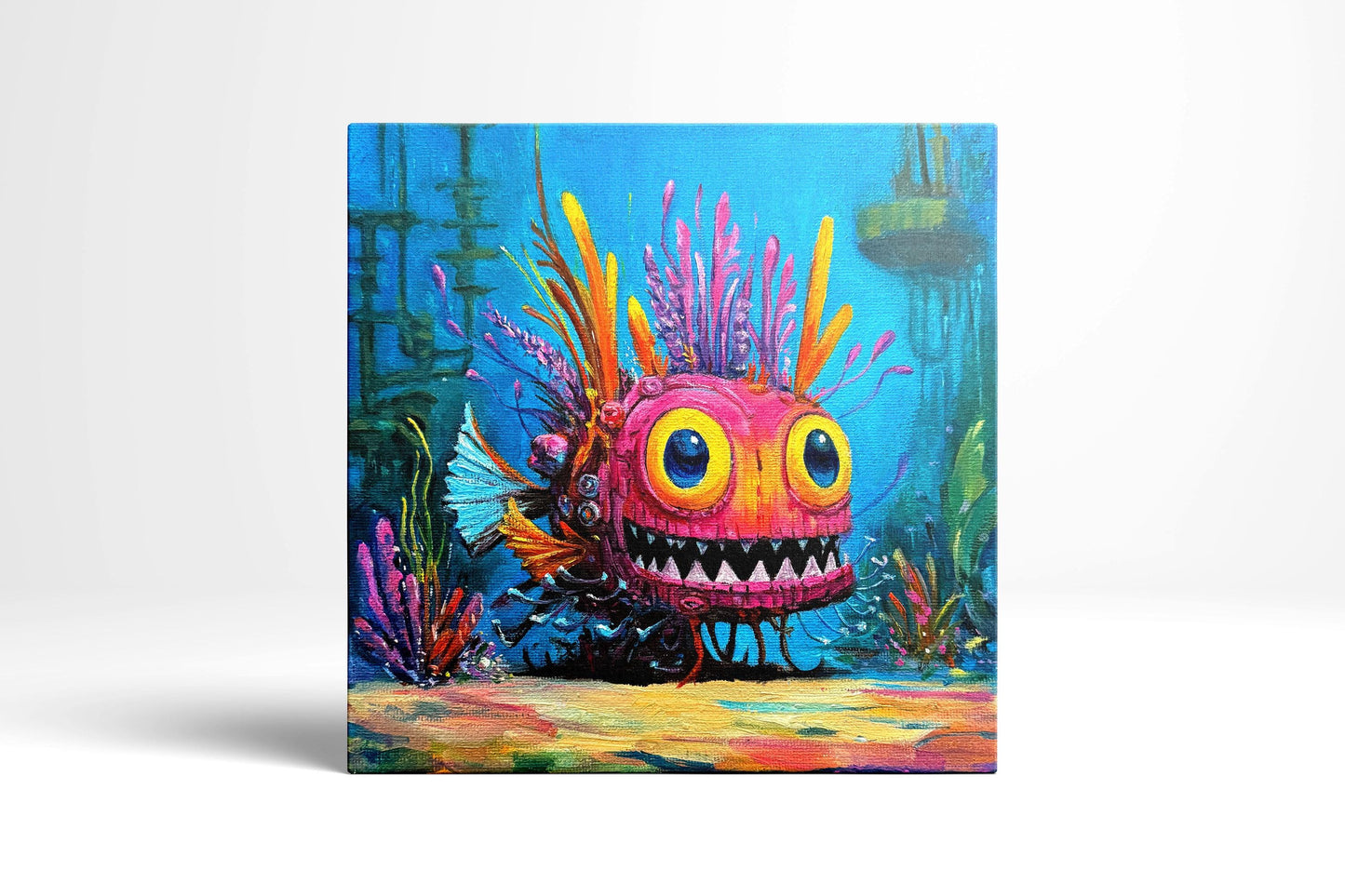 Original oil painting – Curious underwater creatures – Pinky Glow 20 cm*20 cm