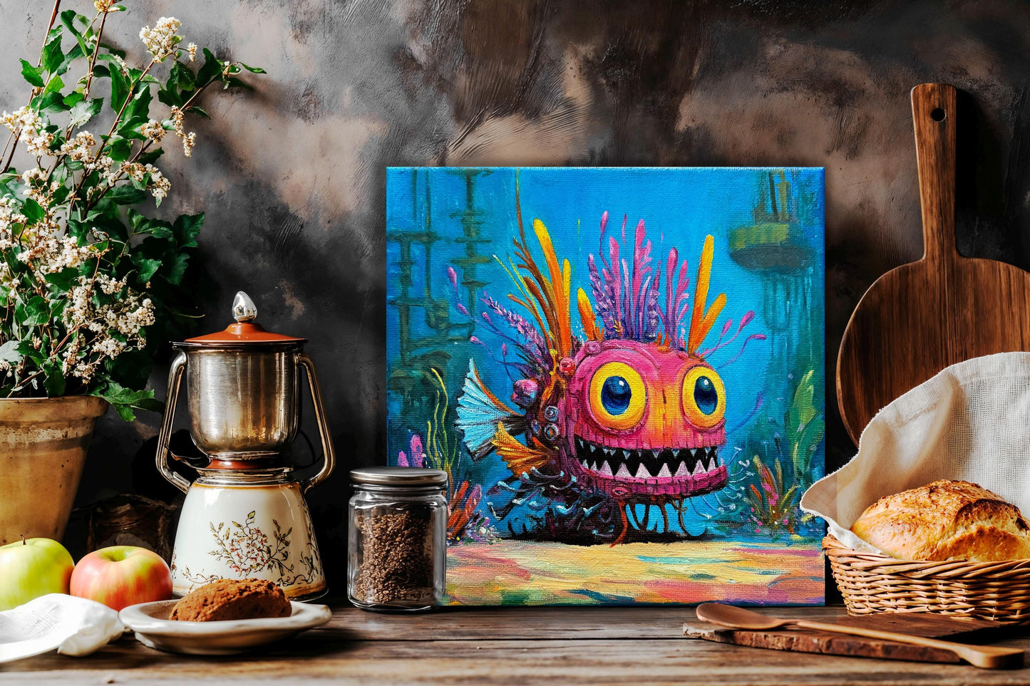 Original oil painting – Curious underwater creatures – Pinky Glow 20 cm*20 cm