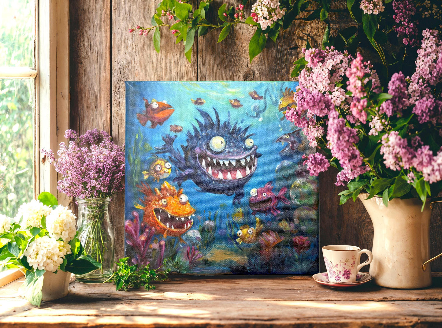 Original oil painting – Curious Underwater Creature—Giggle in the Deep 20 cm*20 cm