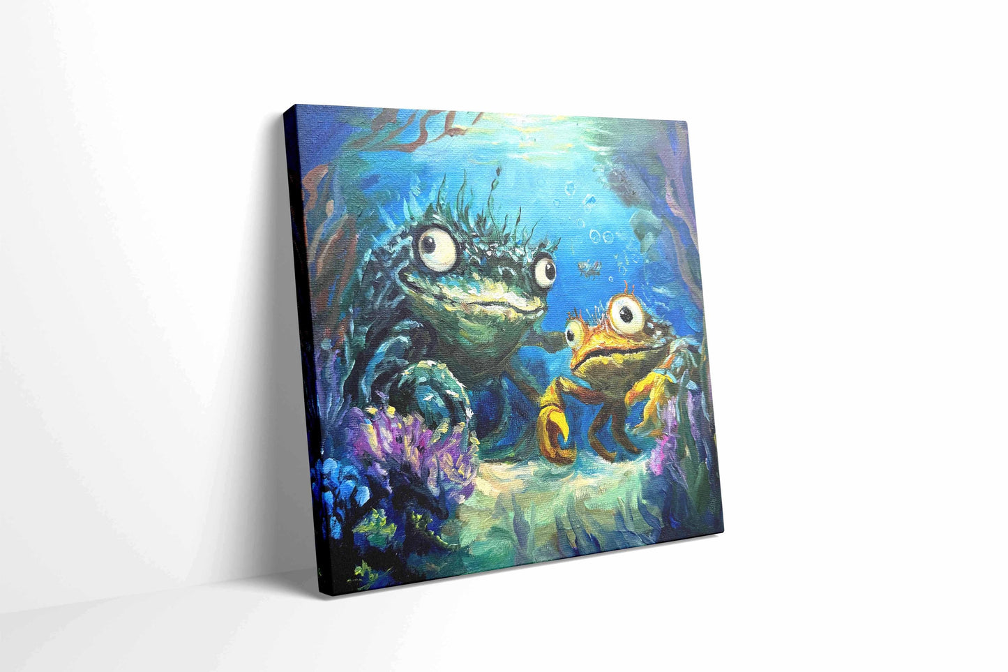 Original oil painting – Curious underwater creatures--The Odd Duo  20 x 20 cm