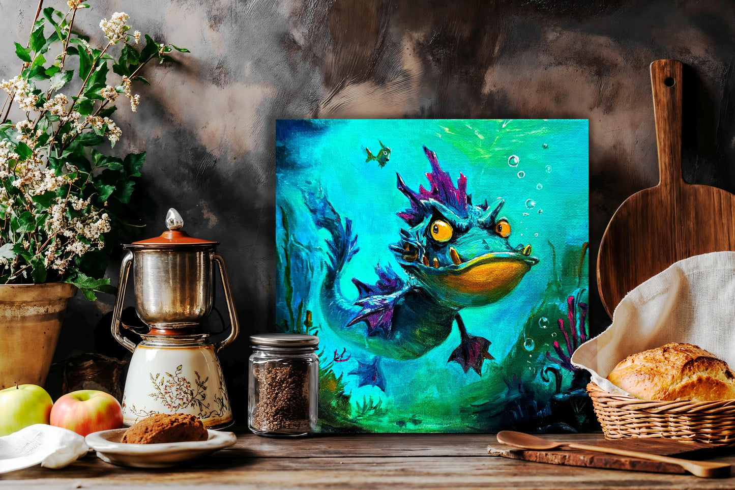 Original oil painting – Curious underwater creatures– Lavender Fin 20 cm*20 cm