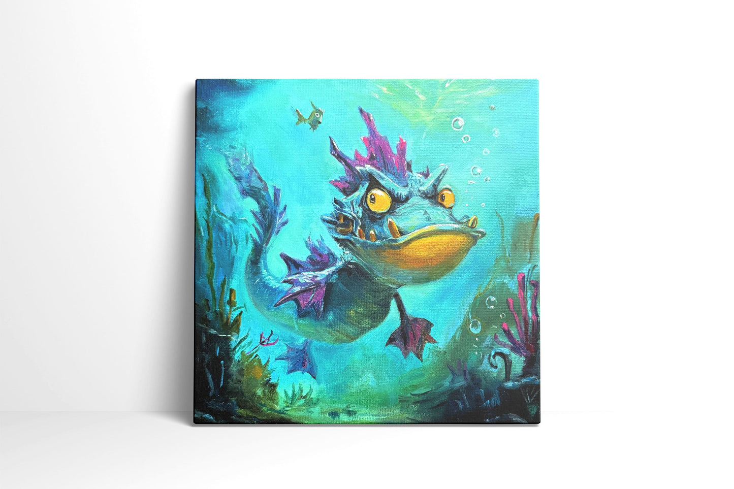 Original oil painting – Curious underwater creatures– Lavender Fin 20 cm*20 cm