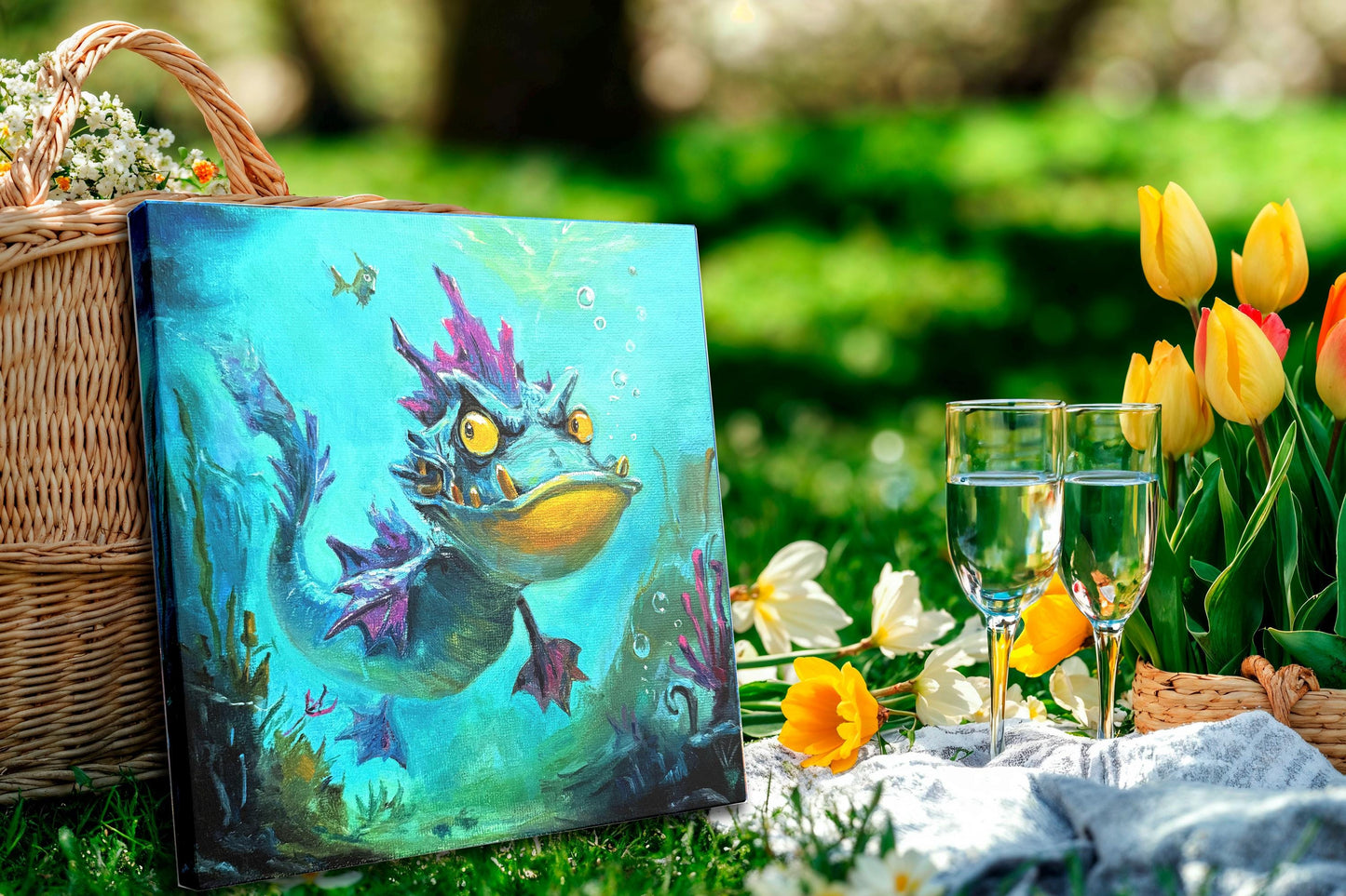 Original oil painting – Curious underwater creatures– Lavender Fin 20 cm*20 cm