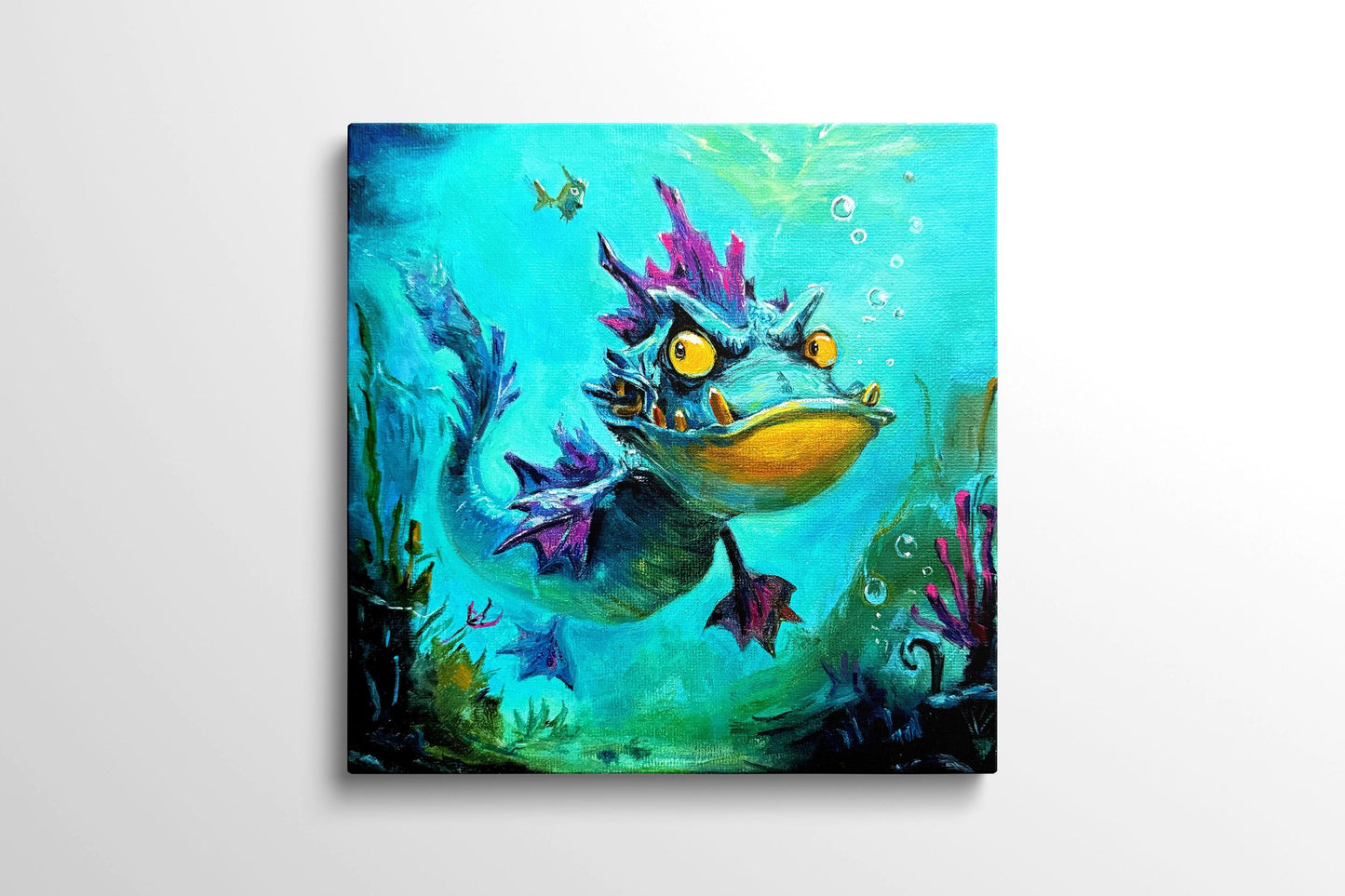 Original oil painting – Curious underwater creatures– Lavender Fin 20 cm*20 cm
