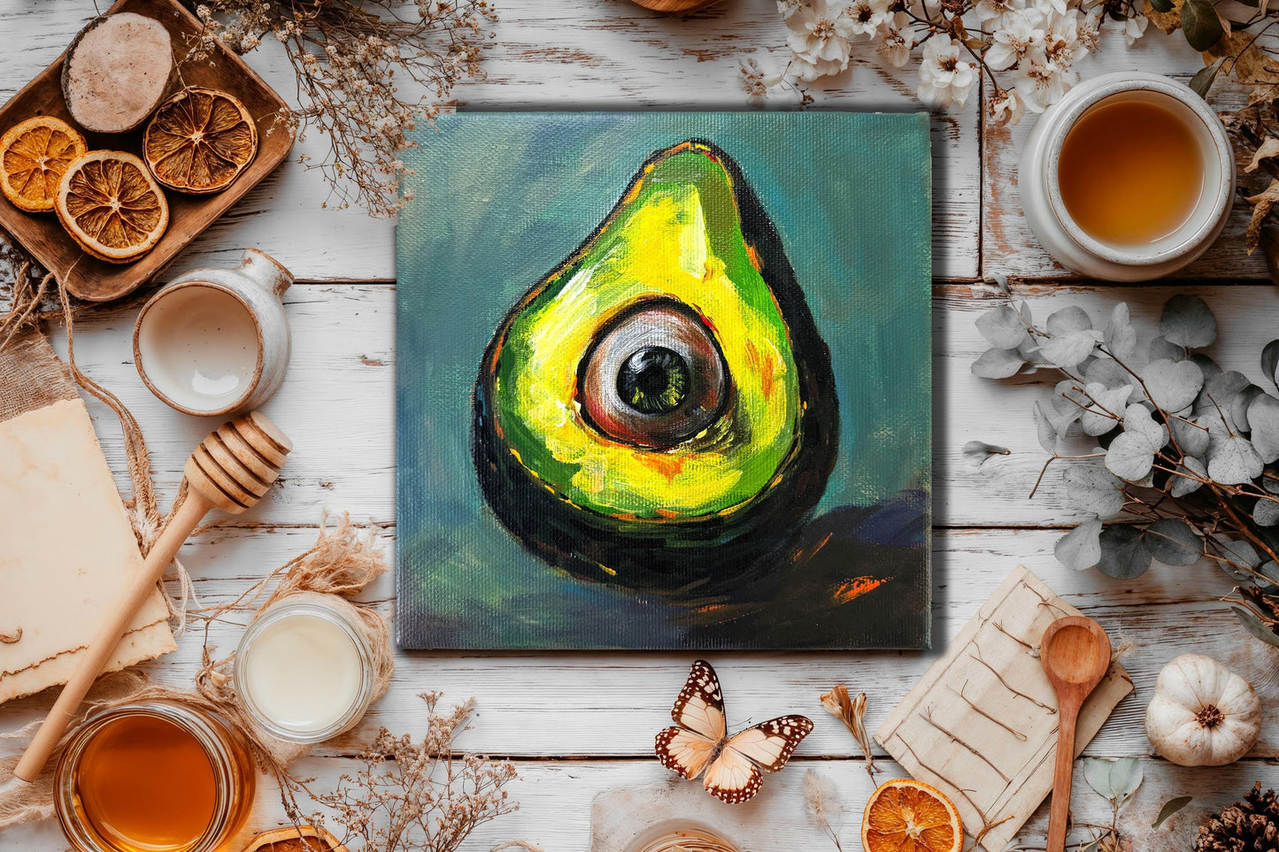 Surrealistisch Avocado-oogschilderij - Pop Art Oddity, ingelijst canvas