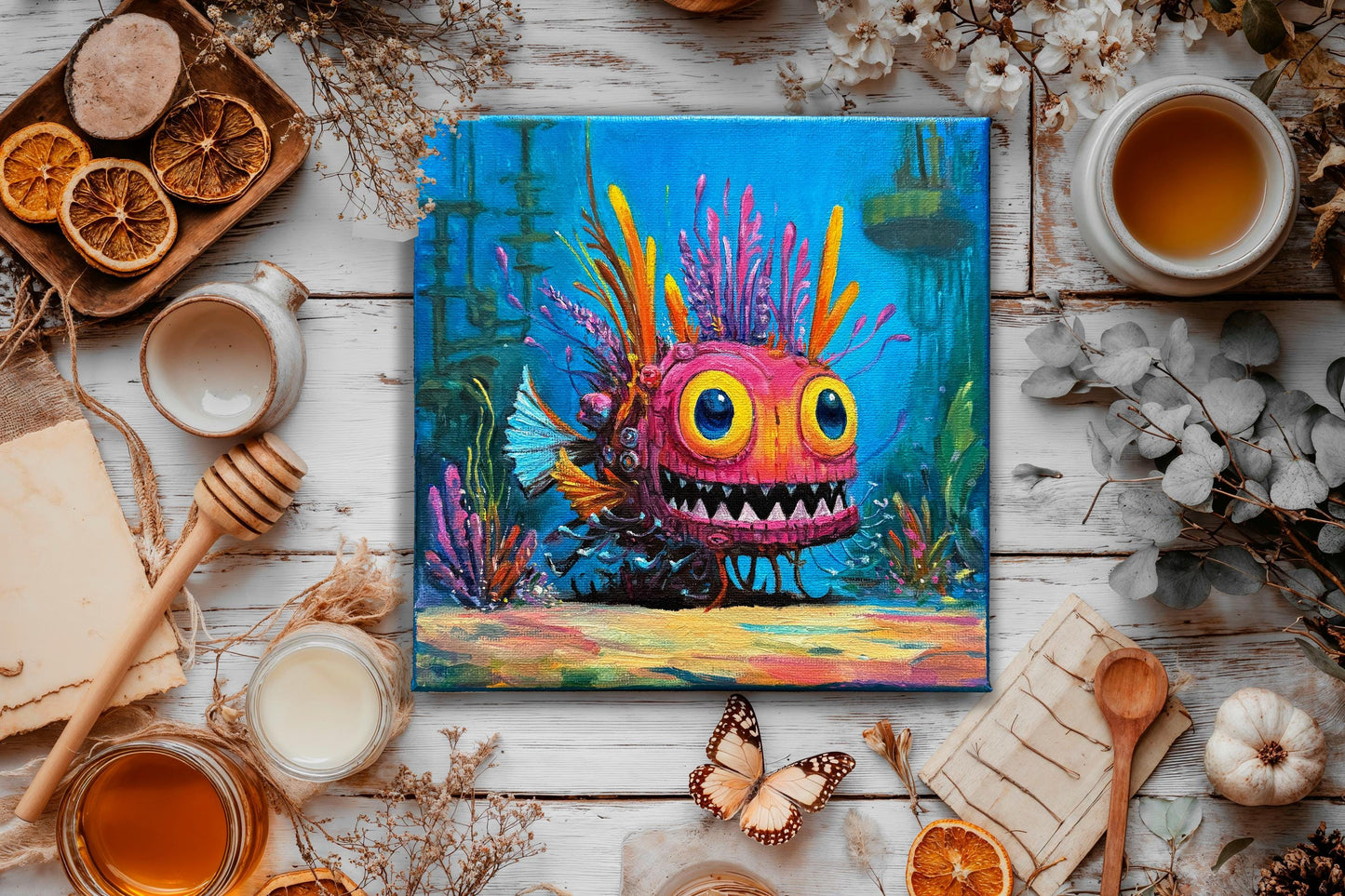 Original oil painting – Curious underwater creatures – Pinky Glow 20 cm*20 cm