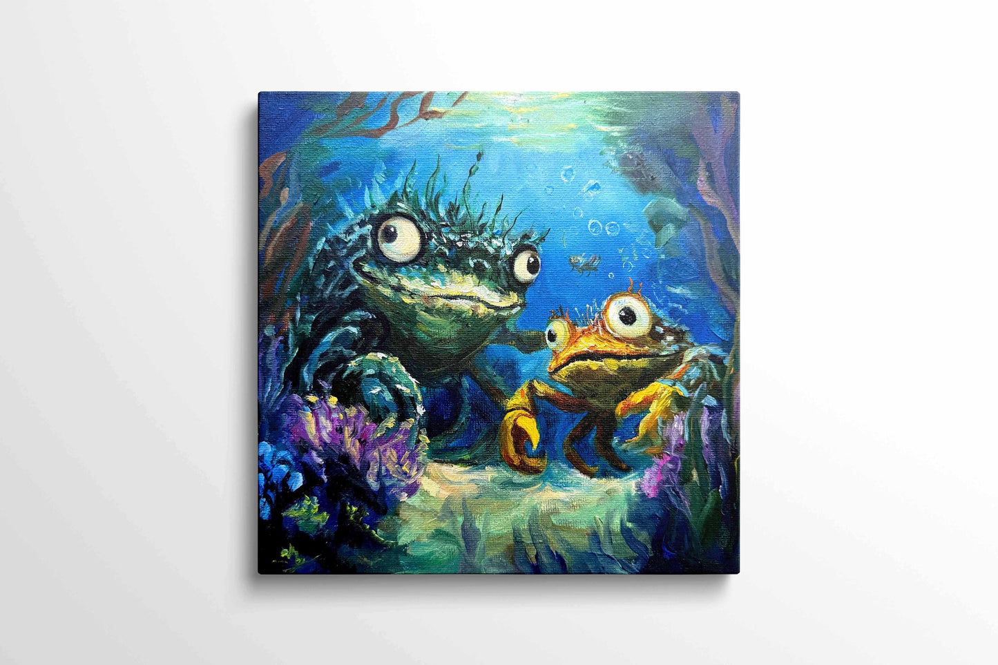 Original oil painting – Curious underwater creatures--The Odd Duo  20 x 20 cm