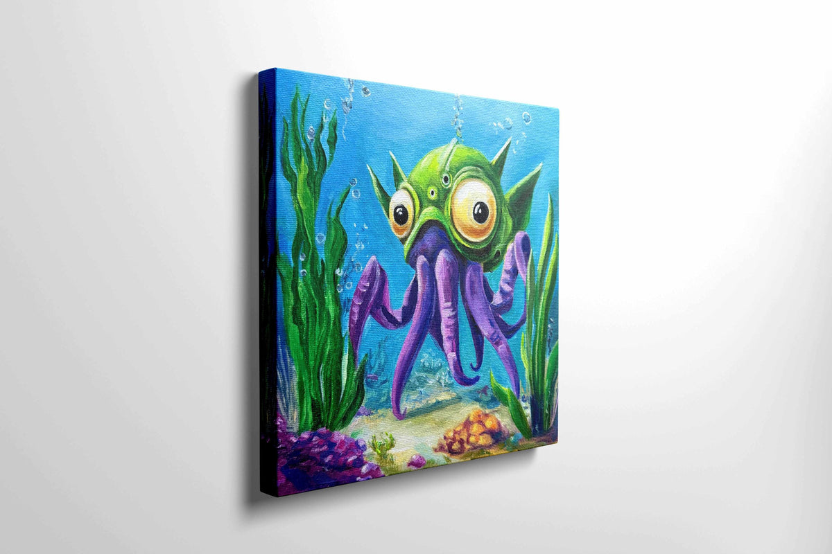 Original oil painting – Curious underwater creatures-OctoLander 20 cm x 20 cm