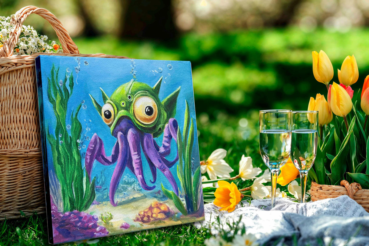 Original oil painting – Curious underwater creatures-OctoLander 20 cm x 20 cm